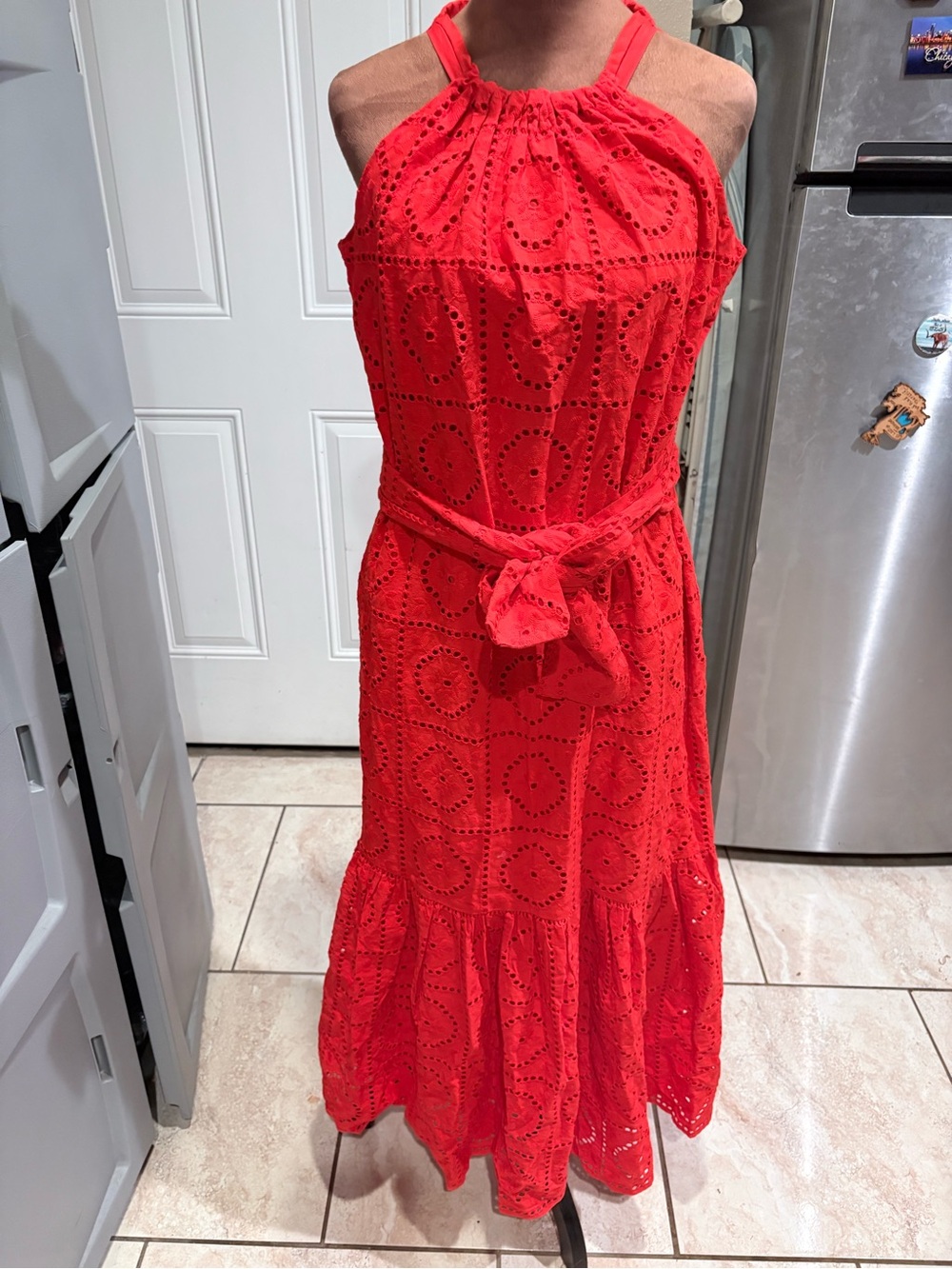Ann Taylor Red Eyelet Halter Maxi Dress with Waist Tie
